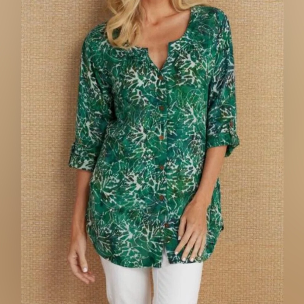 Soft Surroundings Barbuda Batik Top Floral Forest Green Sz XS